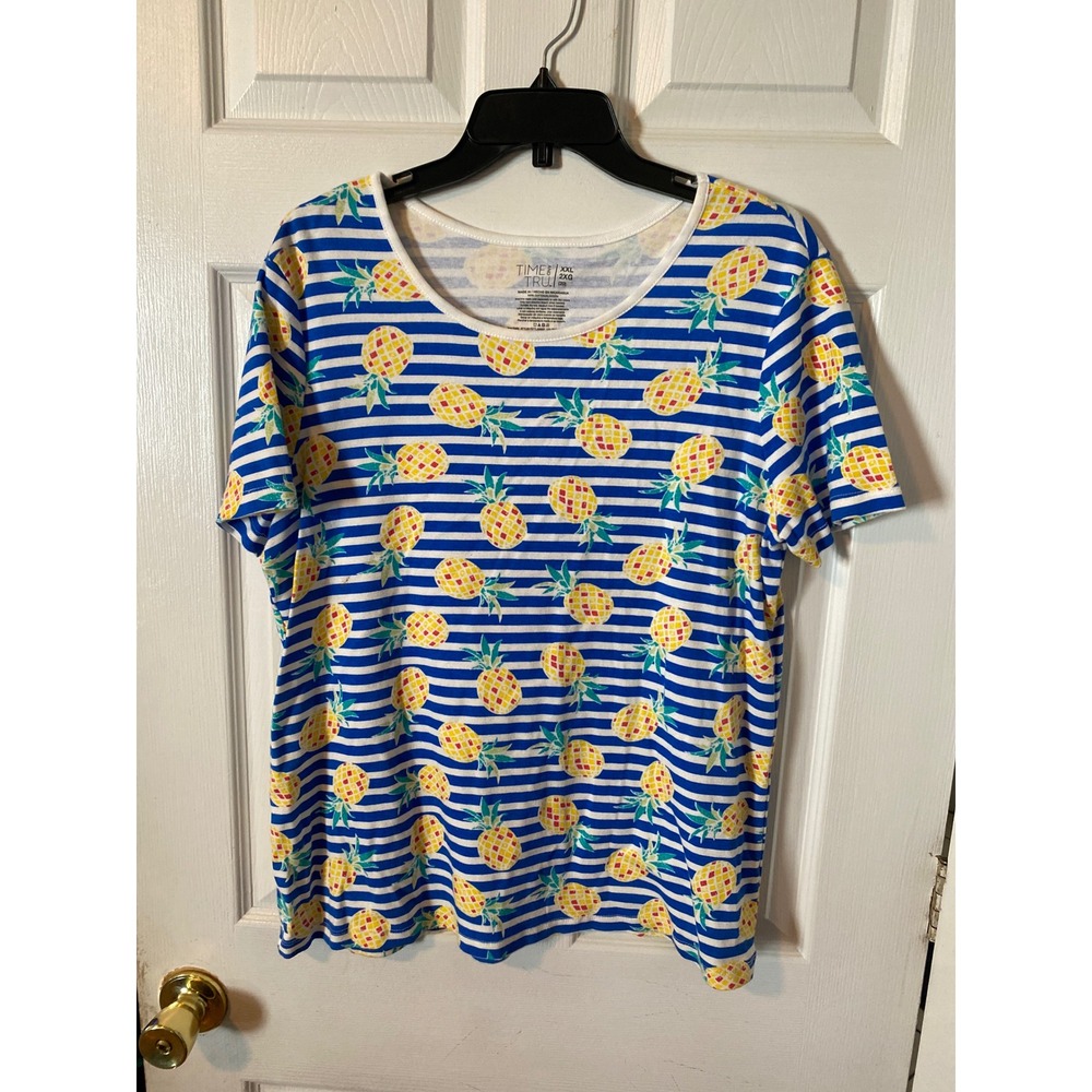 Time and Tru Womens XXL Pineapple Print Striped Short Sleeve T-Shirt Blue White